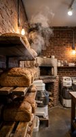 Fresh baked bread loaves cooling on wooden shelves in traditional brick oven bakery with steam rising from hot artisan sourdough in rustic kitchen interior.
