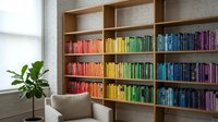 Rainbow organized bookshelf with colorful books arranged by hue in modern wooden shelving unit with reading chair and plant in bright interior space.
