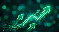 Glowing green arrows trending upward with digital particles on dark background representing business growth, success, and financial progress concepts.