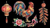 Colorful Chinese New Year clipart set with rooster, lantern, peony, and firecrackers, isolated on transparent background, ready for T-shirts, stickers, and print on demand.