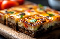 Homemade lasagna with melted cheese layers, ground meat sauce and fresh basil garnish served on wooden cutting board, close up view with selective focus.