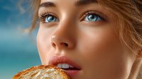 Close up portrait of young woman with bright blue eyes and natural makeup biting into fresh croissant against blurred turquoise ocean background.