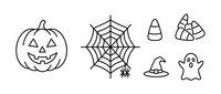 Halloween line art collection with jack-o-lantern pumpkin, spider web, candy corn, witch hat and ghost isolated on white background for seasonal designs.