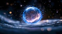 Magical glowing sphere with sparkles floating above reflective surface in dark environment. Mystical orb emits blue and pink light creating ethereal atmosphere.
