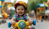 Happy toddler wearing safety helmet rides colorful toy bike at playground, showing pure joy and excitement against blurred outdoor play area background.