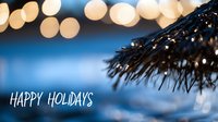 Festive holiday greeting card design with blurred bokeh lights and decorative branch silhouette against blue background, white text overlay.