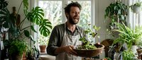 Cheerful Caucasian man in apron laughing while holding bowl of fresh greens surrounded by lush houseplants in bright kitchen.