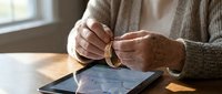 Senior adult hands holding rope knot above tablet device, representing problem solving, financial planning, or untangling complex business issues and solutions.