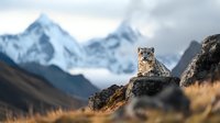 Snow leopard resting on rocky outcrop against backdrop of majestic snow-capped mountains in Himalayan landscape.
