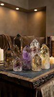 Collection of healing crystal points including amethyst, smoky quartz and citrine arranged on slate board in cozy living room with warm ambient lighting.