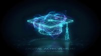 Glowing neon graduation cap with digital network lines and particles on dark background, representing online education, digital learning, and academic achievement.