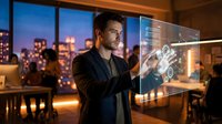 Professional businessman interacting with futuristic holographic interface in modern office overlooking city skyline at night for technology presentations.
