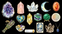 Crystals gemstones minerals isolated on transparent background. Amethyst geode, rose quartz, citrine, emerald, opal stones, celestial moon, tarot card, dried herbs bundle, flower of life symbol ready for design use.