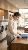 Young Caucasian man in beige hoodie folding denim jeans at modern laundromat with washing machines and wooden counter for household chores and cleaning tasks.