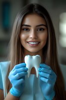 Young female dentist or dental professional with long dark hair and warm smile holding oversized tooth model wearing blue latex gloves in clinical setting for dental care and orthodontic education.