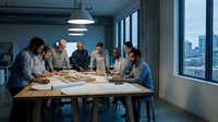 Diverse business team collaborating around conference table in modern office with city skyline view during strategic planning meeting.