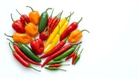 Assorted fresh chili and bell peppers in red, yellow, orange, and green varieties arranged on white background, isolated for culinary and cooking design use.