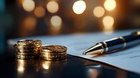 Stacked gold coins next to elegant fountain pen on business document with soft bokeh lights in background, representing wealth management and financial planning.