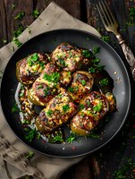 Grilled eggplant slices topped with herbs, spices and melted cheese on black plate. Fresh parsley garnish and vintage cutlery create rustic dining atmosphere.