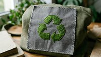Embroidered recycling symbol on a green fabric bag, promoting eco-friendly lifestyle and sustainability in a natural home setting.