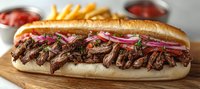 Grilled steak sandwich with tender sliced beef, red onions and fresh herbs on crusty baguette, served with golden french fries and dipping sauce on wooden board.