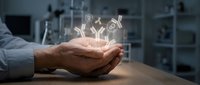 Businessman hands holding glowing light bulb with innovative ideas in modern office environment for creative business solutions and inspiration.
