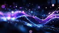 Abstract flowing energy waves with glowing blue and purple light effects against dark background, sparkling particles creating magical atmosphere.