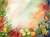 Watercolor cooking ingredients and fresh produce arranged on white background with herbs, spices, citrus fruits, tomatoes, oil bottles, and wooden spoons for culinary and recipe design projects.