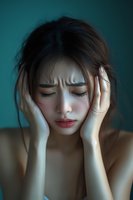 Young Asian woman experiencing intense headache or emotional distress, holding head with both hands against turquoise background, eyes closed in pain.