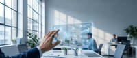 Businessman hand touching digital holographic interface with data analytics charts and graphs in modern office workspace with natural light.