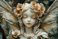 Ethereal fairy garden statue with delicate peach blossoms adorning flowing hair and translucent wings, captured in soft natural lighting against blurred background.