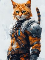 Orange tabby cat warrior in medieval armor and fur-trimmed leather gear against light background, fantasy art style character design.