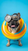 Funny French Bulldog wearing oversized goggles and colorful inflatable ring against bright turquoise background. Summer fun concept.