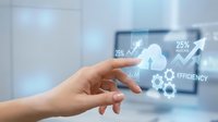 Hand touching holographic interface with cloud computing and efficiency metrics displaying data analytics and digital transformation technology.