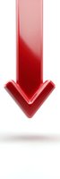 Red glossy downward arrow isolated on white background, indicating decrease, decline or download concept. Suitable for business presentations and infographics.