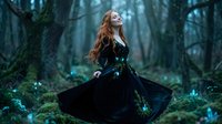 Young redhead woman in medieval black dress dancing in mystical forest with ethereal lighting for fantasy storytelling and fairy tale concepts.