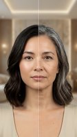 Middle-aged Asian woman showing aging process comparison with young and mature skin in modern interior setting for skincare and beauty concepts.