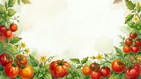 Ripe red tomatoes with green foliage and small flowers arranged on cream background, isolated for culinary, recipe, and food design projects.