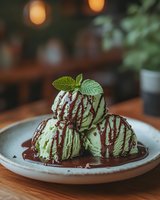 Mint chocolate chip ice cream scoops with chocolate drizzle and fresh mint garnish on ceramic plate in cozy restaurant setting for dessert menu.