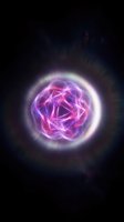 Glowing neon sphere with pink and purple energy lines forming geometric patterns inside bright luminous orb against dark background for sci-fi and technology designs.