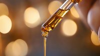 Golden oil drop falling from glass dropper against blurred warm bokeh lights background, capturing wellness and aromatherapy essence in macro photography.