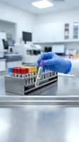 Laboratory technician hand in blue glove holding test tube with blood samples in modern medical lab for clinical analysis and diagnostic testing.