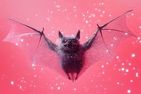 Cute flying black bat with spread wings against pink background with magical sparkles and bokeh lights, creating whimsical Halloween atmosphere.