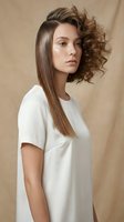 Young woman with split hairstyle showing straight and curly textures in white t-shirt against beige background for hair salon and beauty concepts.