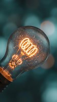 Vintage Edison bulb with glowing filament against blurred teal background, ideal for energy, innovation, and creativity concepts in design and marketing projects.