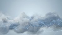 Cloud computing network with glowing plexus connections and geometric lines over soft white clouds on light blue background.