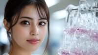Young Asian woman researcher in laboratory setting with pink liquid samples in test tubes, demonstrating scientific research and biotechnology advancement.