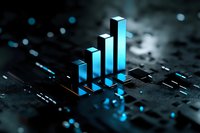 Glowing blue bar graph rising on dark circuit board surface with digital elements, representing business growth and technological advancement in data analytics.