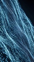 Abstract digital data stream with flowing blue particles and glowing lines on dark background, representing technology, connectivity, and information flow for digital design projects.