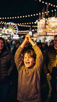 Excited young boy celebrating with raised arms at colorful carnival with ferris wheel and string lights creating magical evening atmosphere.